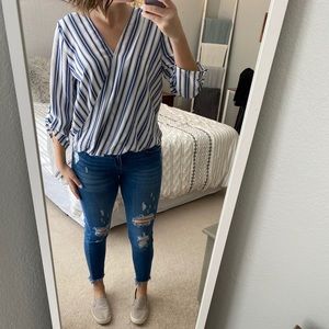 White with Blue Stripes Chiffon Cross Front Blouse